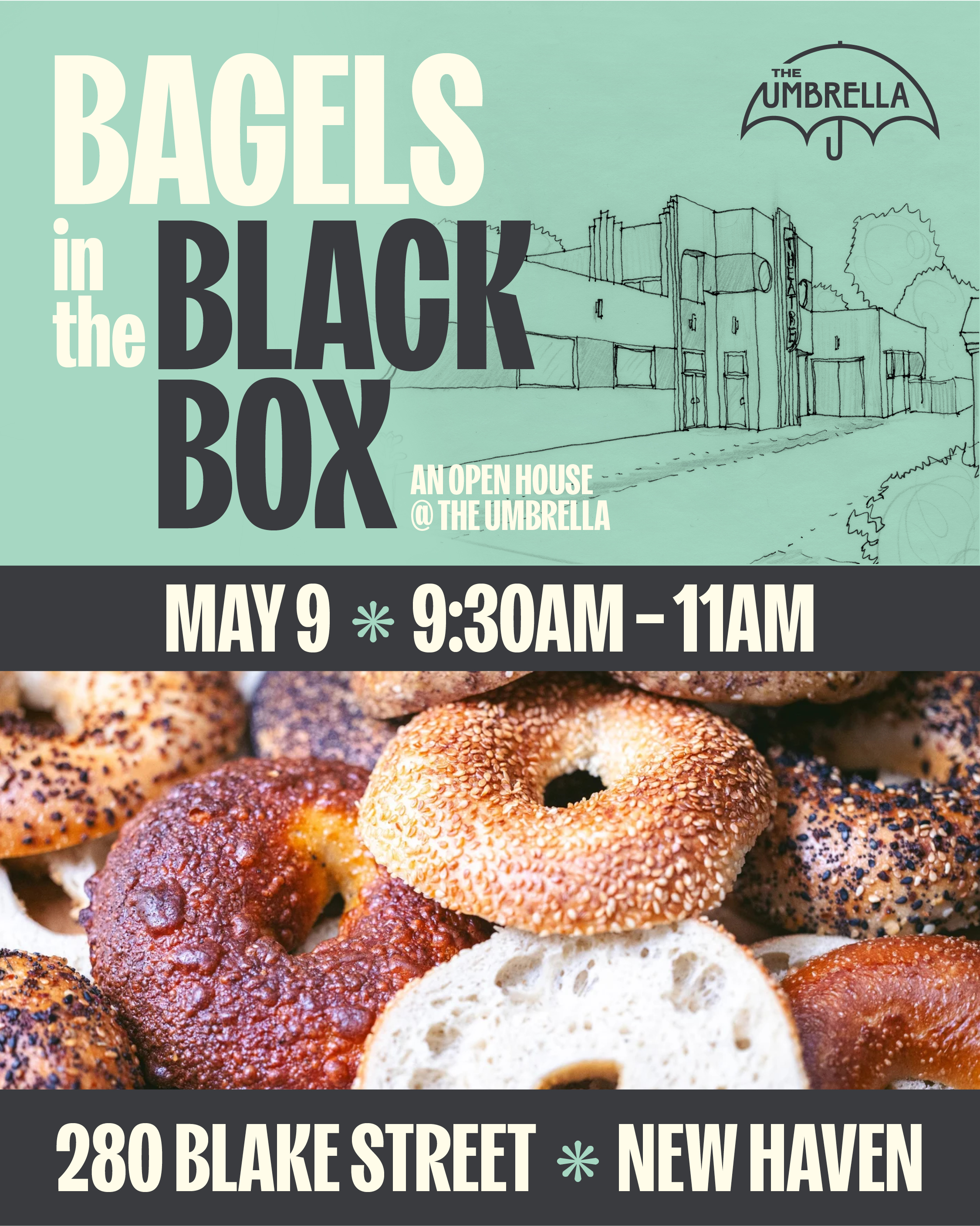 Bagels in the Black Box event poster with date, time, and location